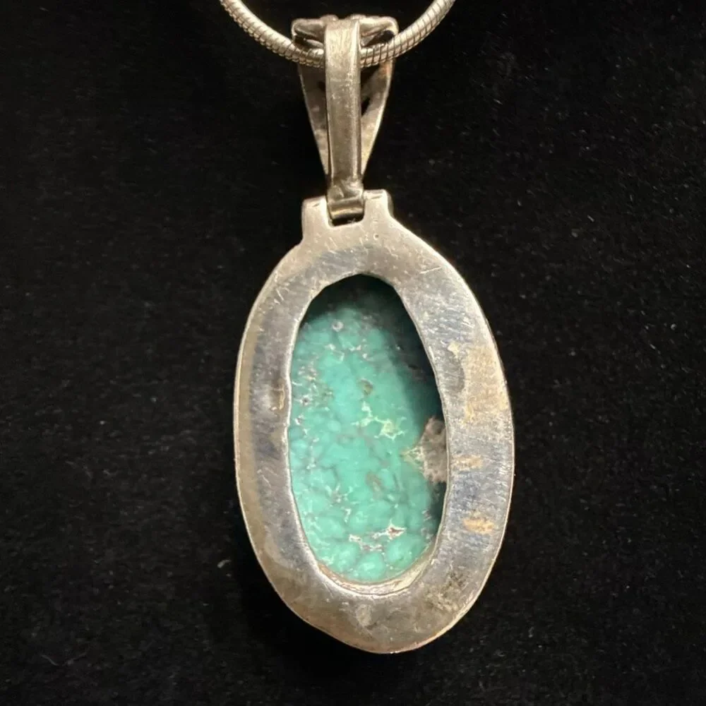 Sterling Silver Spiderweb Turquoise Pendant Large Oval Blue Stone Statement 12.6